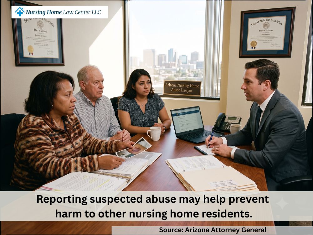 Family members meeting with a lawyer after suspected abuse or neglect harmed a nursing home resident in Arizona.