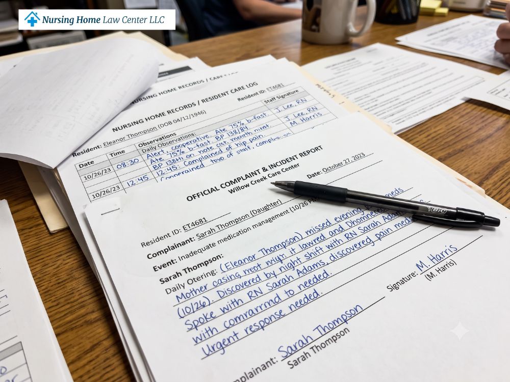 Close-up of printed nursing home records, complaint notes, and a pen on a desk.