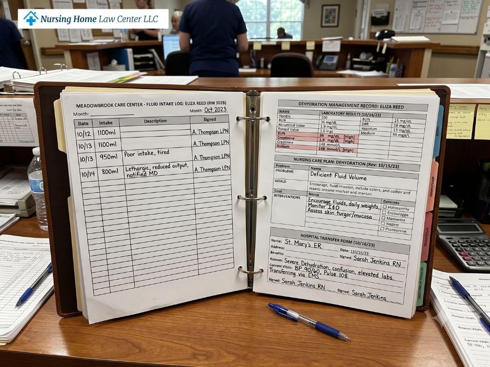 Nursing home dehydration records showing fluid intake logs, lab results, care plans, and hospital transfer notes