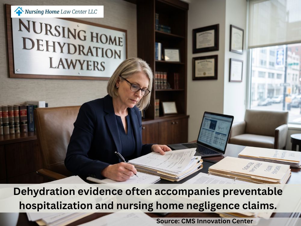 Nursing home abuse attorney reviewing fluid intake records and medical evidence in a nursing home dehydration settlement case
