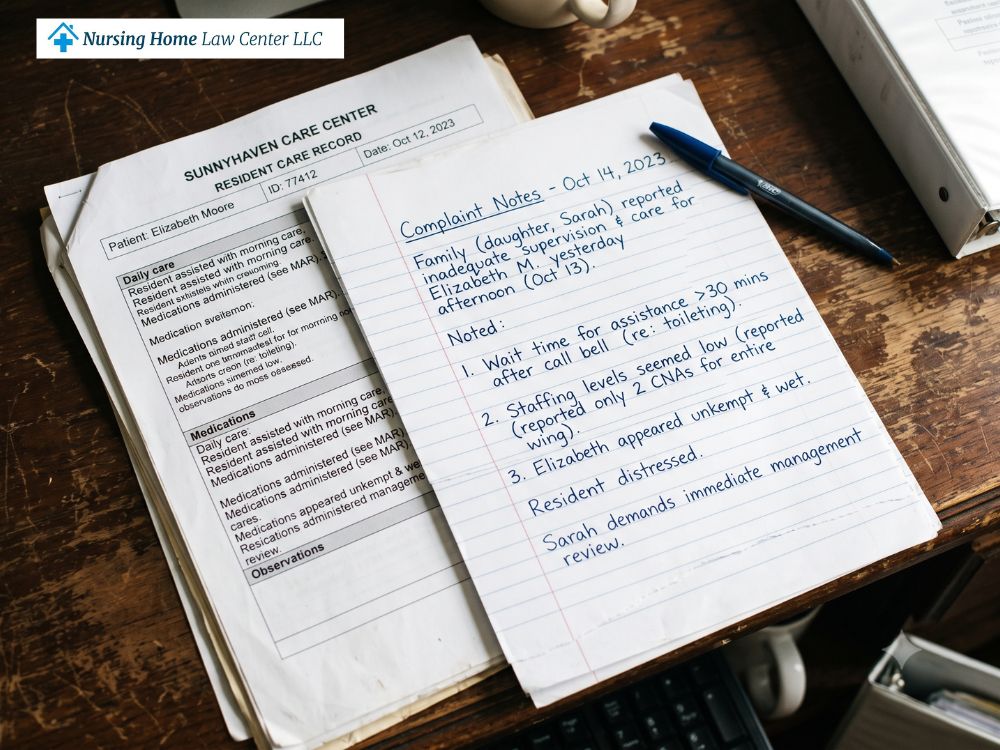 Close-up of printed nursing home records, complaint notes, and a pen on a desk.