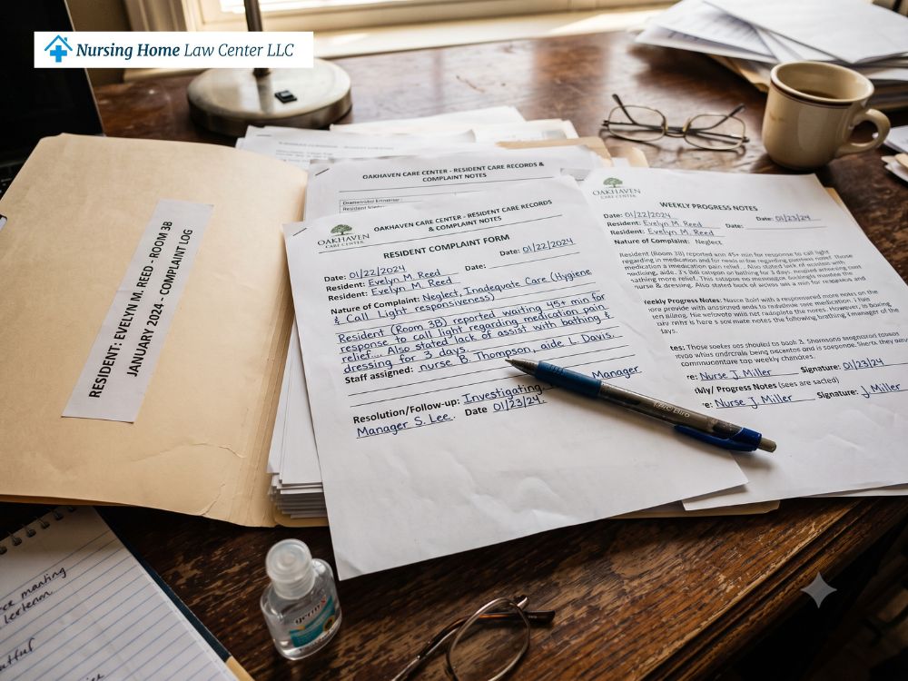 Close-up of printed nursing home records, complaint notes, and a pen on a desk.