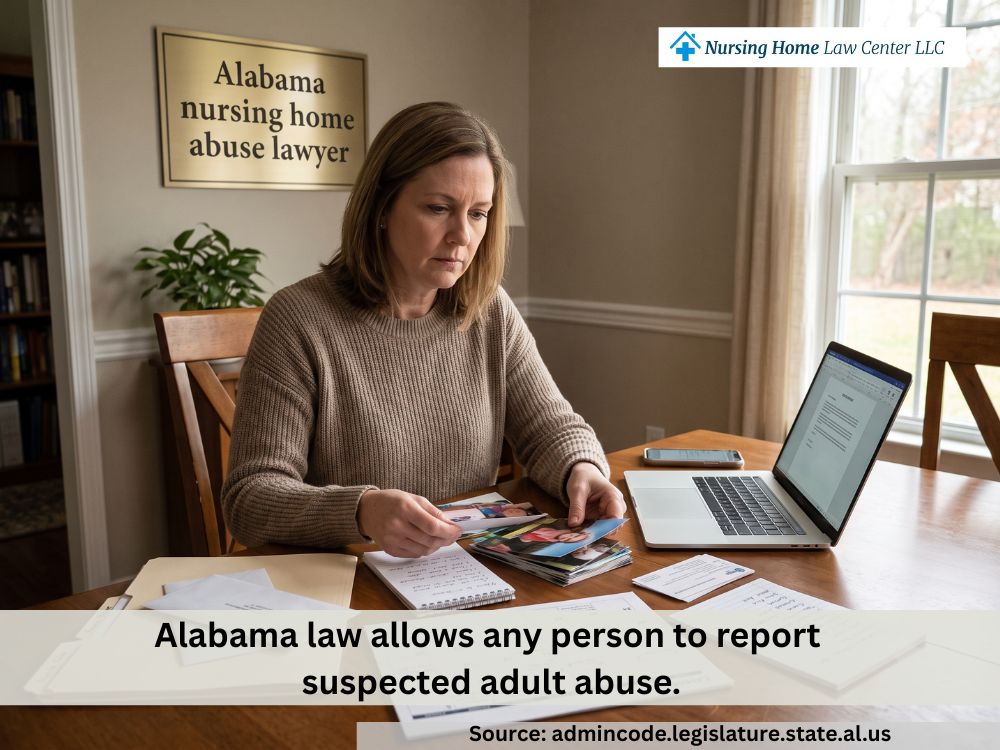 Person organizing photos, care notes, and contact information before reporting suspected nursing home abuse.