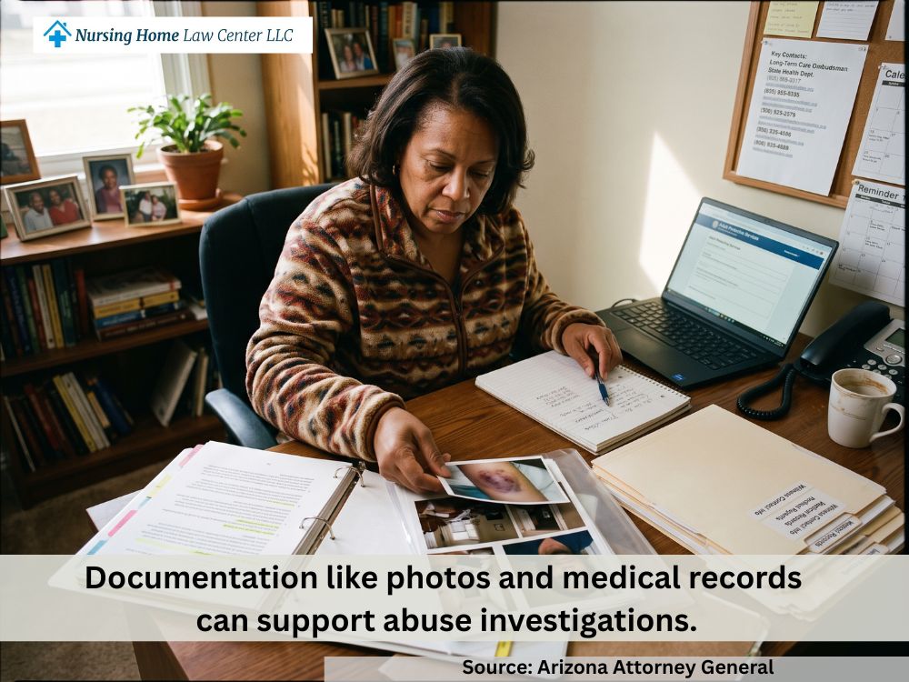Person organizing photos, care notes, and contact information before reporting abuse on behalf of a nursing home resident.