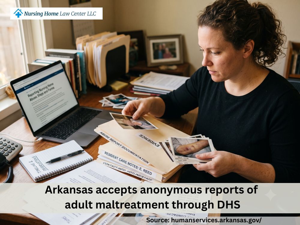Person organizing photos, care notes, and contact information before reporting abuse on behalf of a nursing home resident.