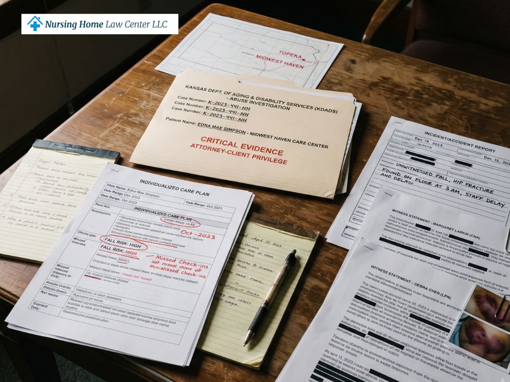 Critical evidence for Kansas nursing home abuse case including care plans, incident reports, and witness statements
