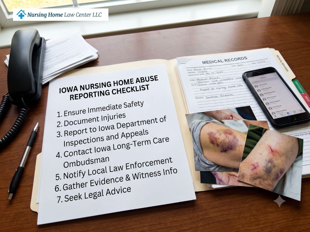 Step-by-step nursing home abuse reporting checklist for Iowa beside a phone, medical records, and injury photographs