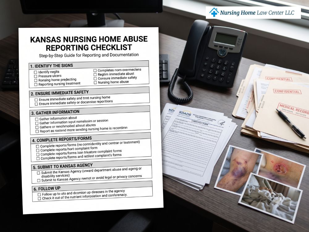 Step-by-step nursing home abuse reporting checklist for Kansas beside a phone, medical records, complaint forms, and injury photographs