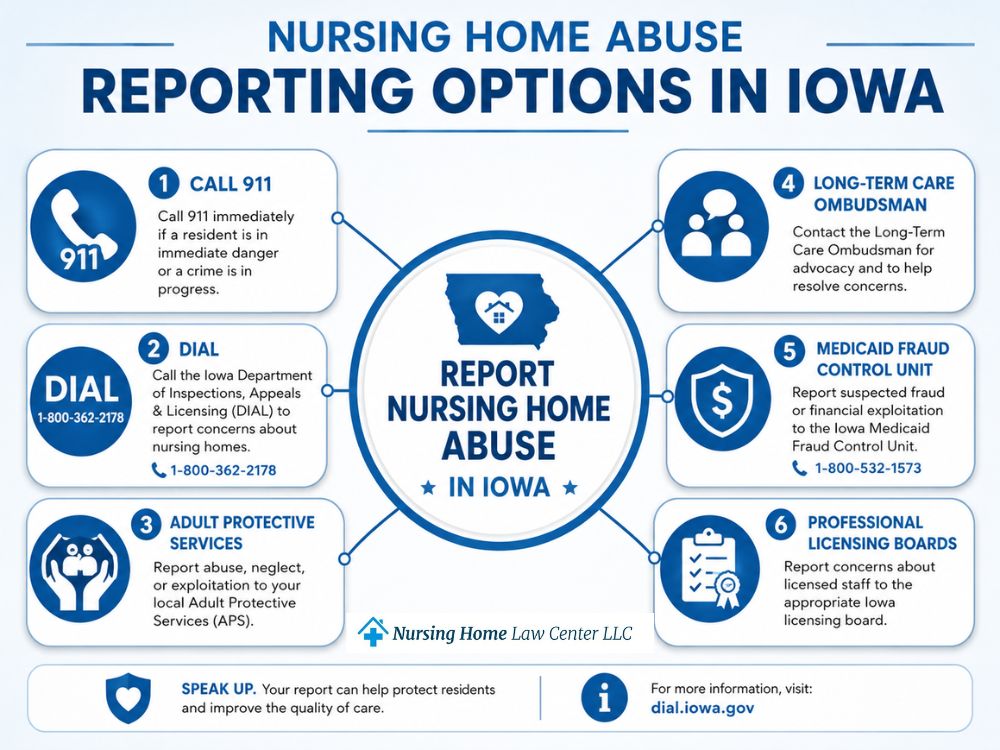 Nursing home abuse reporting options in Iowa showing 911, DIAL, Adult Protective Services, the long-term care ombudsman, Medicaid Fraud Control Unit, and professional licensing boards