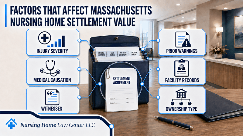 Nursing home medical records, witness statements, care plans, and inspection reports representing factors that affect Massachusetts settlement value