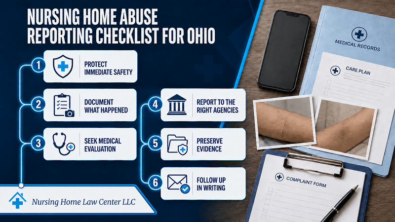 Step-by-step nursing home abuse reporting checklist for Ohio beside a phone, medical records, injury photographs, and complaint forms