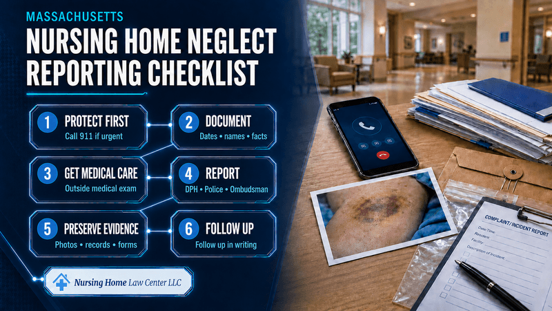Step-by-step Massachusetts nursing home neglect reporting checklist beside a phone, medical records, injury photographs, and complaint forms