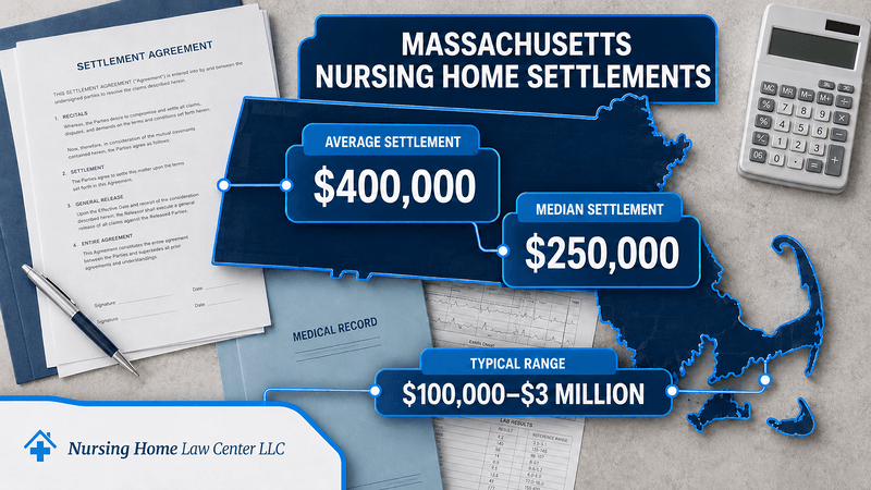 Massachusetts nursing home settlement documents beside medical records, a calculator, and the Massachusetts state outline