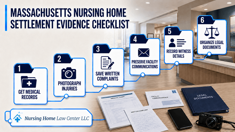 Medical records, injury photographs, written complaints, and nursing home communications for a Massachusetts nursing home settlement