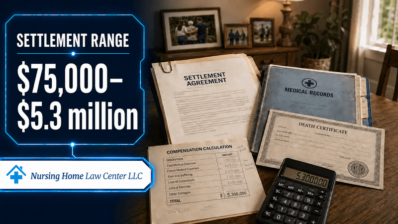 Nursing home wrongful death settlement documents beside medical records, a death certificate, family photographs, and a compensation calculation