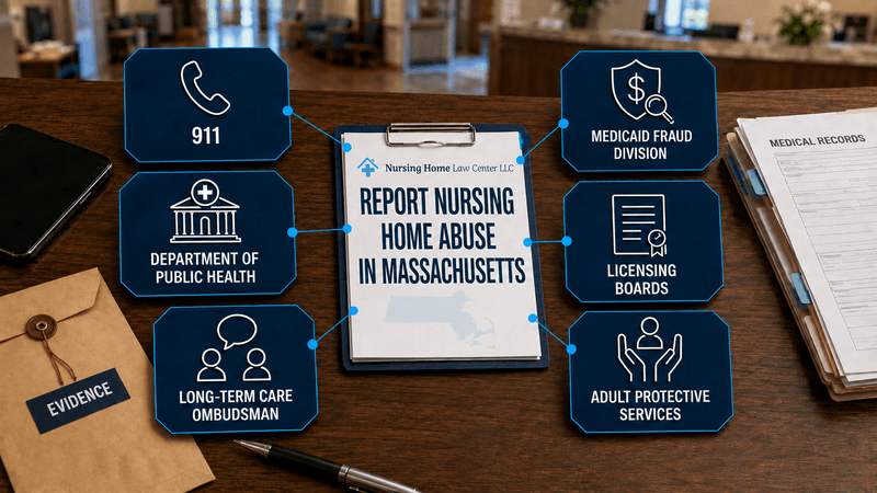 Massachusetts nursing home abuse reporting options showing 911, the Department of Public Health, Long-Term Care Ombudsman, Medicaid Fraud Division, licensing boards, and Adult Protective Services