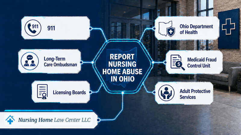 Ohio nursing home complaint options showing 911, the Ohio Department of Health, Long-Term Care Ombudsman, Medicaid Fraud Control Unit, licensing boards, and Adult Protective Services
