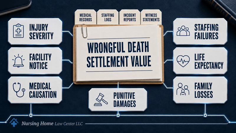 Medical records, staffing logs, incident reports, and witness statements representing factors that nursing home abuse attorneys use to calculate wrongful death settlement value