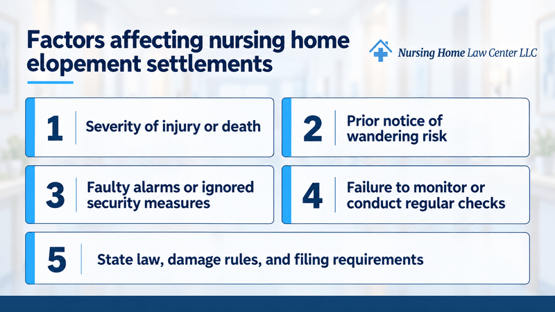 Factors that affect nursing home elopement settlement value include injury severity, prior notice of wandering risk, alarm failures, poor supervision, and state law