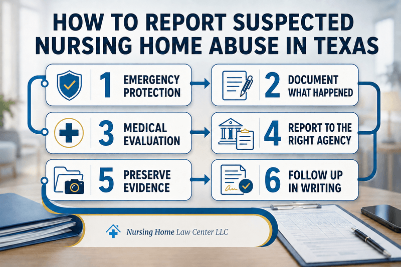Step-by-step checklist for reporting suspected abuse in a Texas nursing home