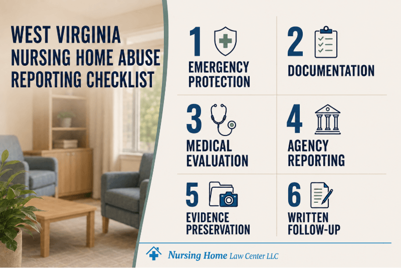 Step-by-step checklist for reporting suspected abuse in a West Virginia nursing home