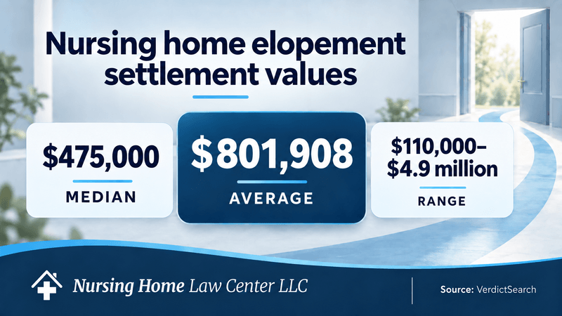 Nursing home elopement settlements average $801,908, with a median of $475,000 and a range from $110,000 to $4.9 million